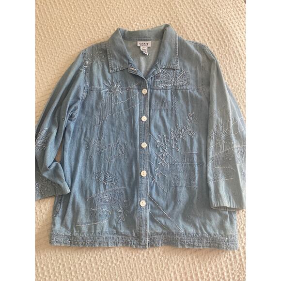 Graff by Um Company Womens Vintage Denim Embroidered Beaded Buttoned Shirt Sz PL - Picture 3 of 15